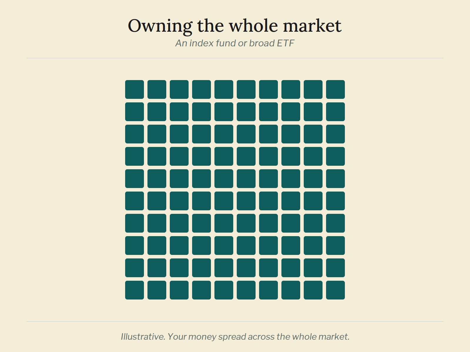 Owning the whole market A full 10 by 10 grid of 100 filled squares: an index fund or broad ETF spreads your money across the whole market.